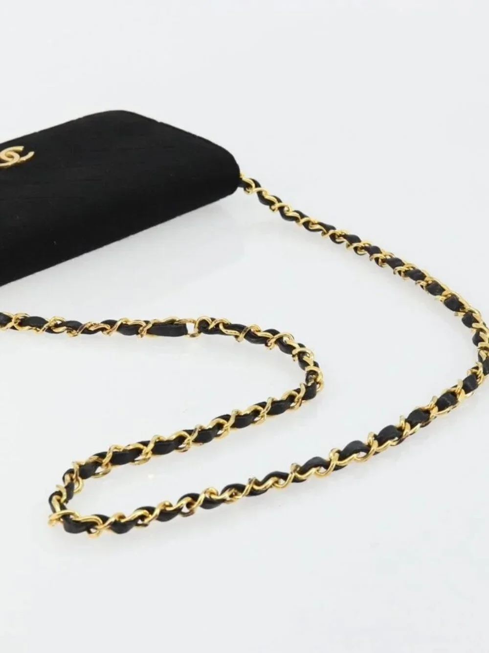 CHANEL Matelasse Chain Shoulder Bag Cotton Black Gold CC Auth 184947
